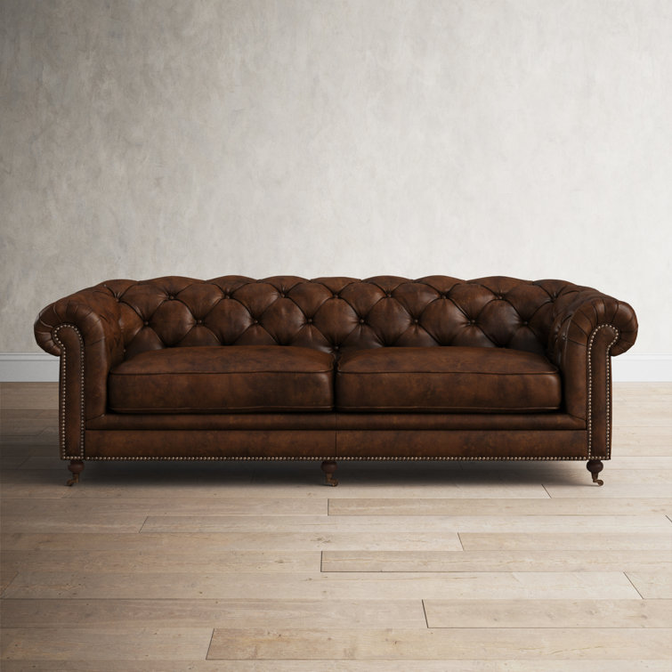 Idalia 87" Brown Leather Chesterfield Sofa with Rolled Arms