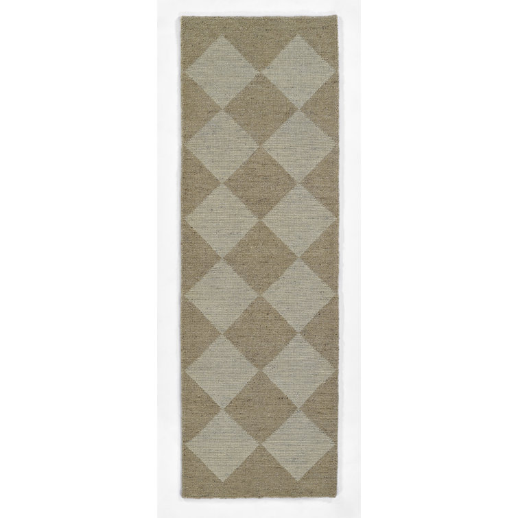 Beige and Off-White Wool Geometric Hand-Knotted Runner Rug