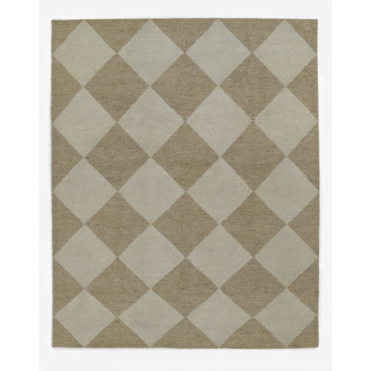 Beige and Off-White Hand-Knotted Wool Geometric Rug, 10' x 14'