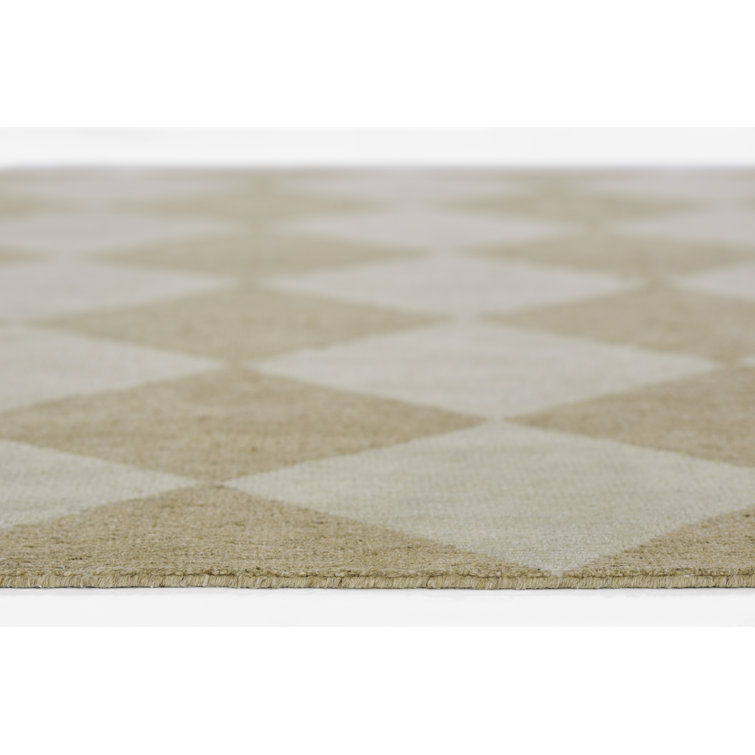 Beige and Off-White Hand-Knotted Wool Geometric Rug, 10' x 14'