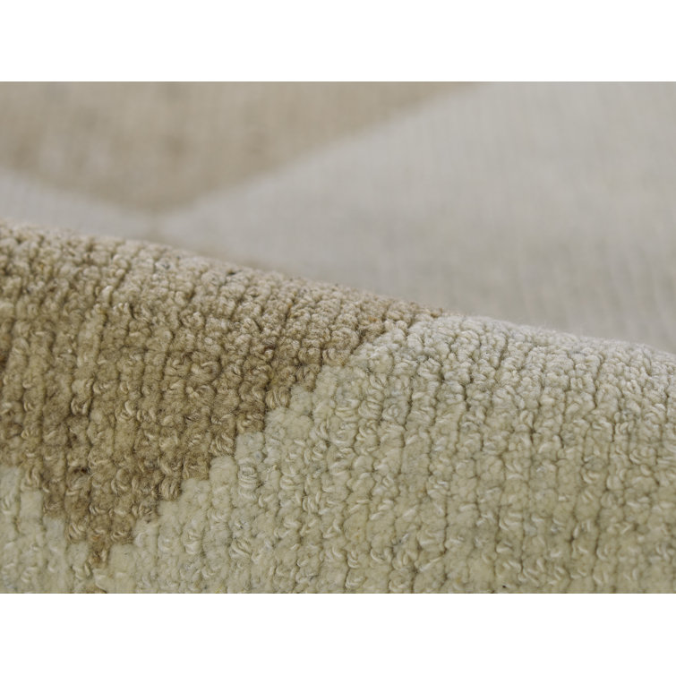 Beige and Off-White Hand-Knotted Wool Geometric Rug, 10' x 14'