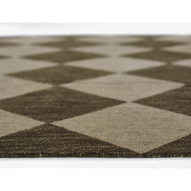 Contemporary Checkboard Hand-Knotted Wool Rug 8'x11' in Muted Brown