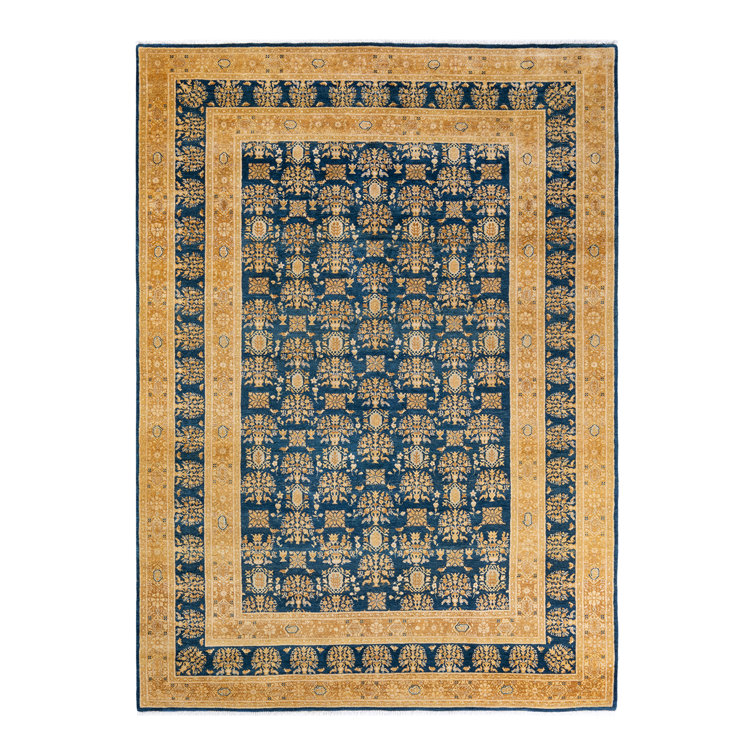 Hand-Knotted Blue and Gold Wool Area Rug 6' 2" x 8' 8"