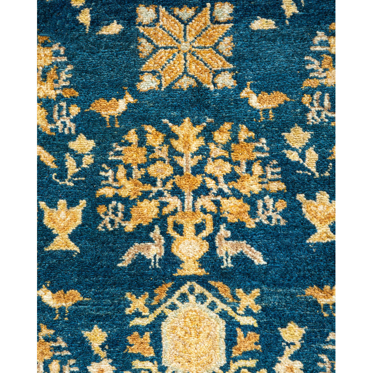 Hand-Knotted Blue and Gold Wool Area Rug 6' 2" x 8' 8"