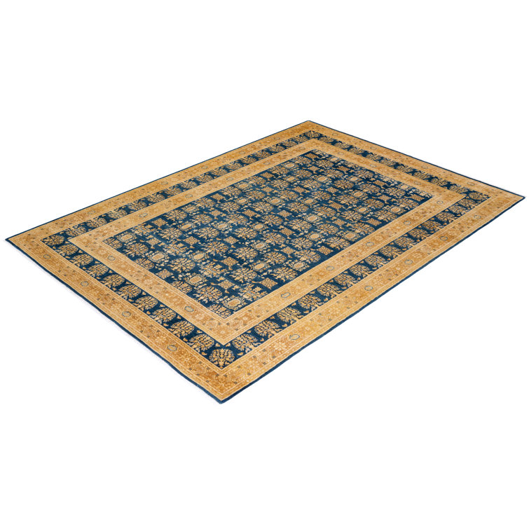 Hand-Knotted Blue and Gold Wool Area Rug 6' 2" x 8' 8"