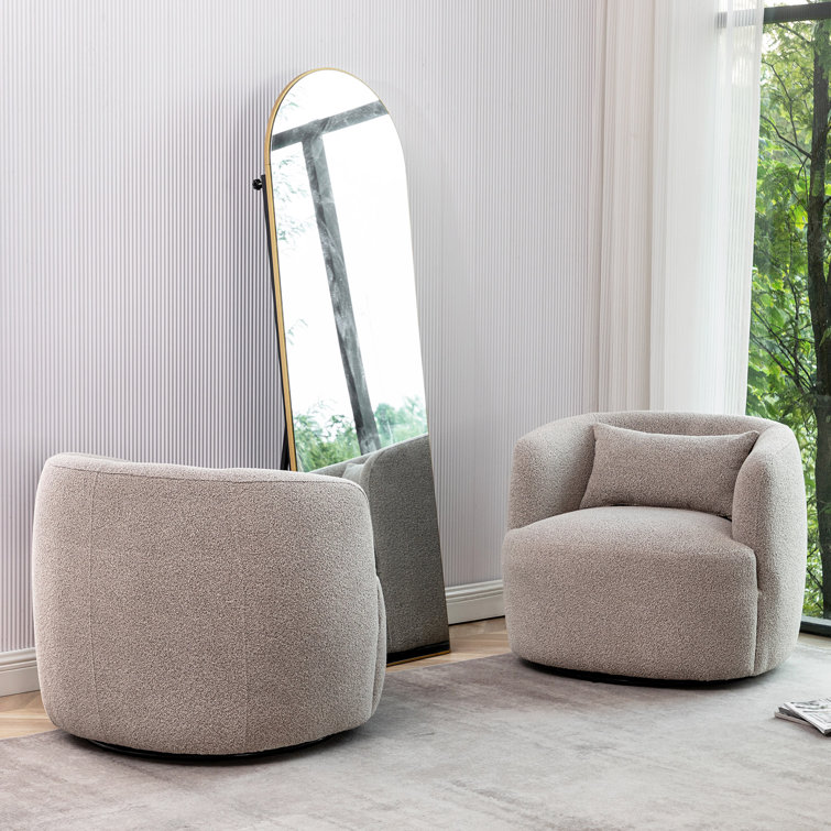 Taupe Boucle Swivel Barrel Accent Chair with Wood Frame