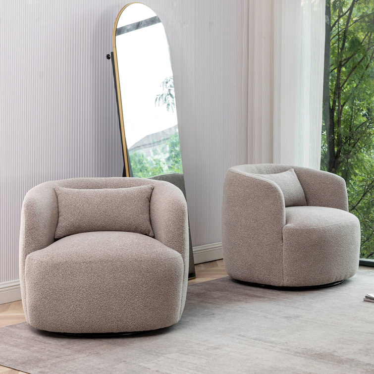 Taupe Boucle Swivel Barrel Accent Chair with Wood Frame