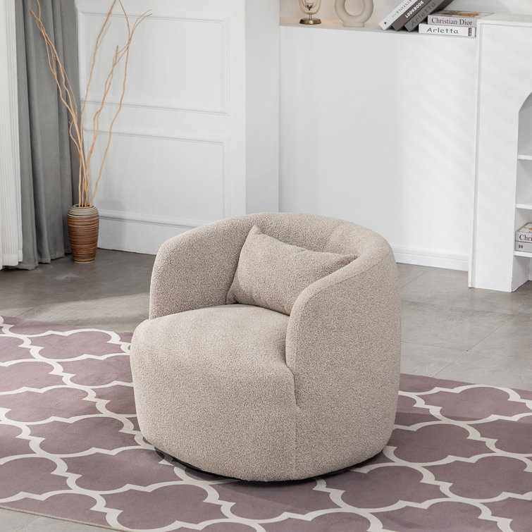 Taupe Boucle Swivel Barrel Accent Chair with Wood Frame