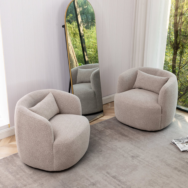 Taupe Boucle Swivel Barrel Accent Chair with Wood Frame