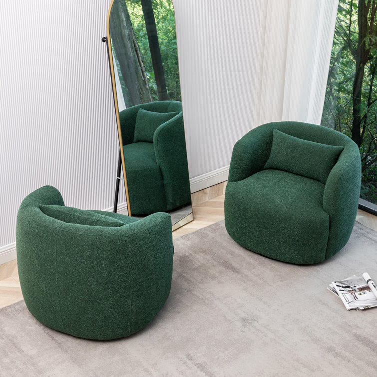 Green Boucle Swivel Barrel Armchair Set with Wood Frame