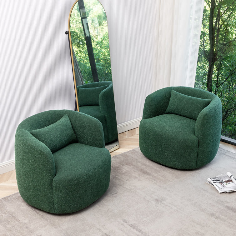Green Boucle Swivel Barrel Armchair Set with Wood Frame