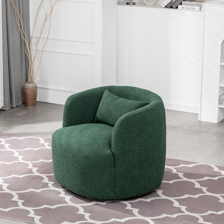 Green Boucle Swivel Barrel Armchair Set with Wood Frame