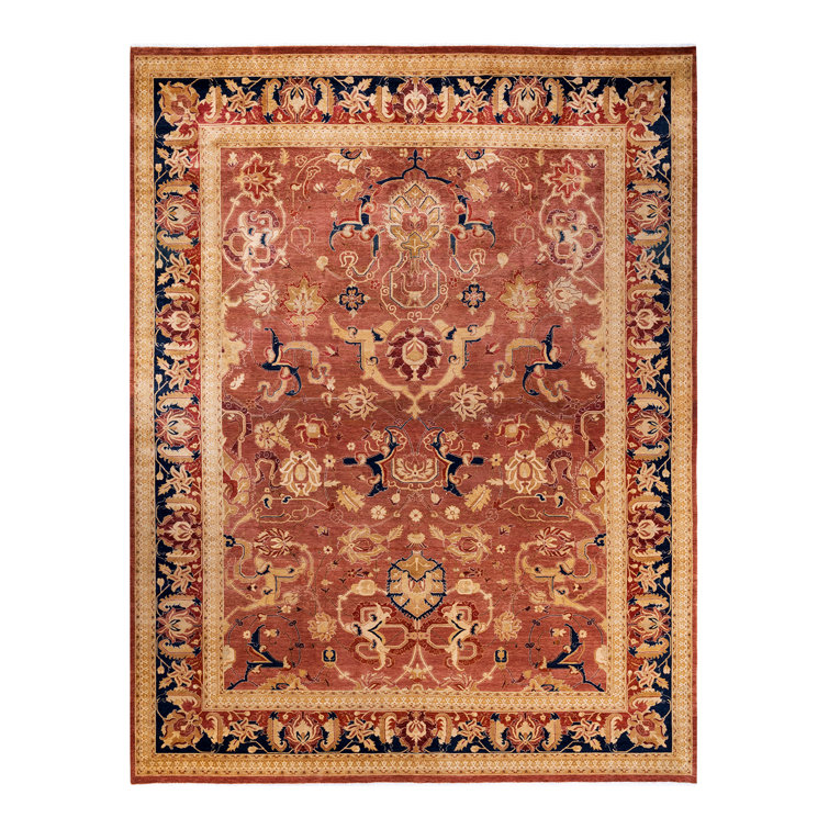 Mogul Elegance Hand-Knotted Wool Orange Oriental Area Rug 9'2" x 11'10"