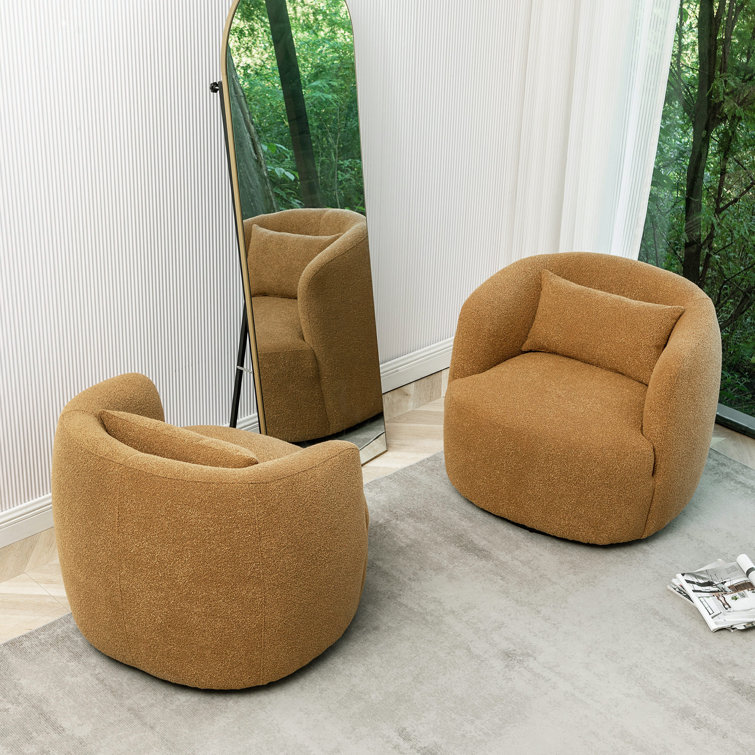 Brown Boucle Swivel Barrel Accent Chairs with Wood Frame, Set of 2
