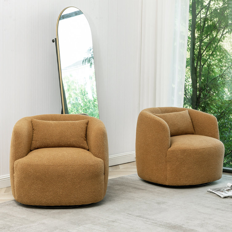 Brown Boucle Swivel Barrel Accent Chairs with Wood Frame, Set of 2