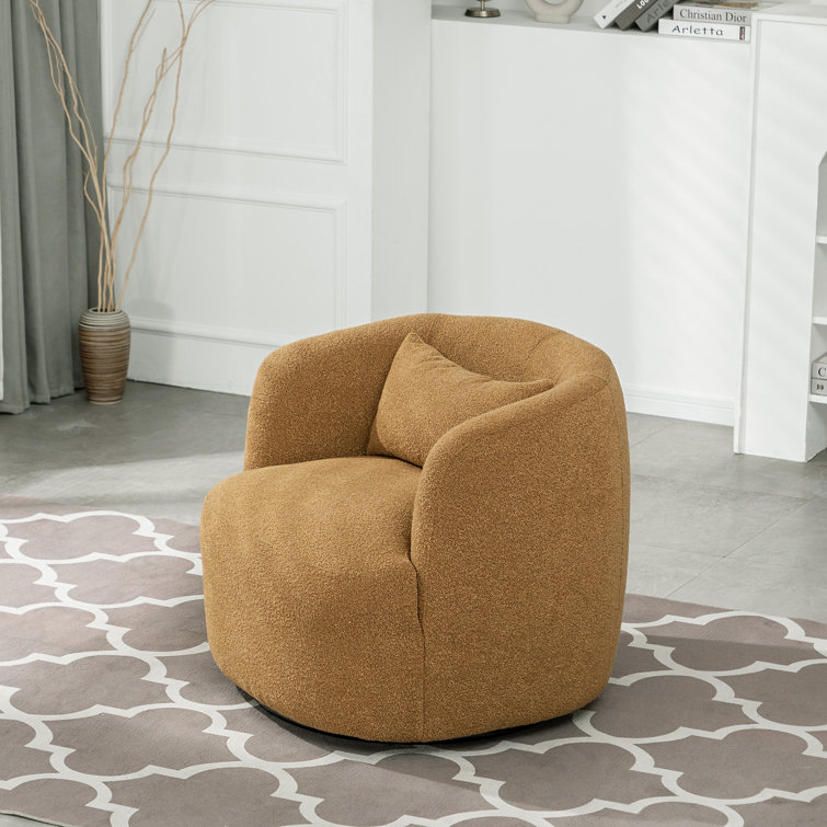 Brown Boucle Swivel Barrel Accent Chairs with Wood Frame, Set of 2