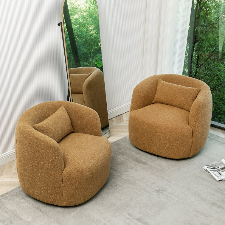 Brown Boucle Swivel Barrel Accent Chairs with Wood Frame, Set of 2
