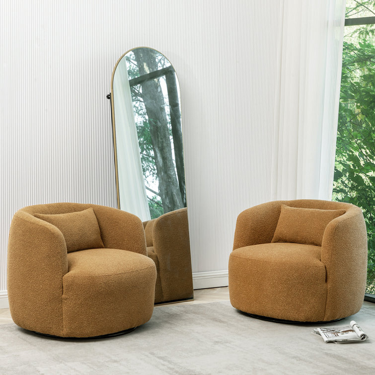 Brown Boucle Swivel Barrel Accent Chairs with Wood Frame, Set of 2