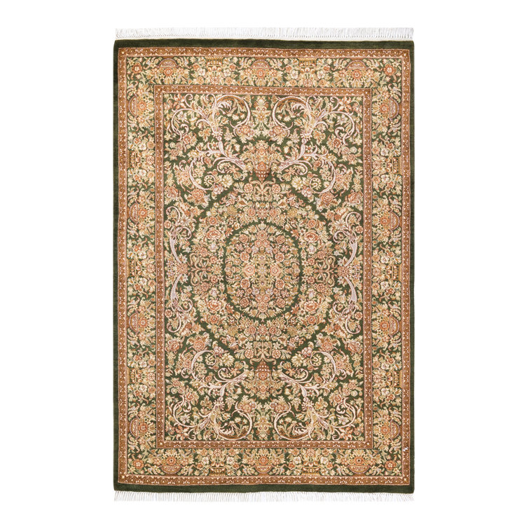 Hand-Knotted Green Wool Traditional Area Rug 4'1" x 6'3"