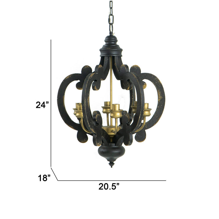 Antique Black 6-Light Wrought Iron Chandelier with Glass Shades
