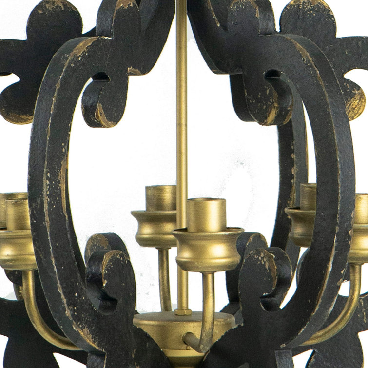 Antique Black 6-Light Wrought Iron Chandelier with Glass Shades