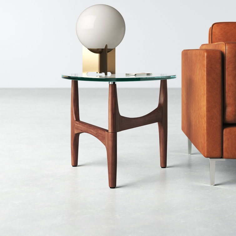 Triangular Clear Glass and Walnut End Table