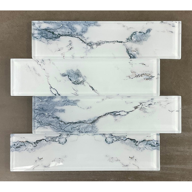12" Blue and White Marble Glass Subway Wall Tile
