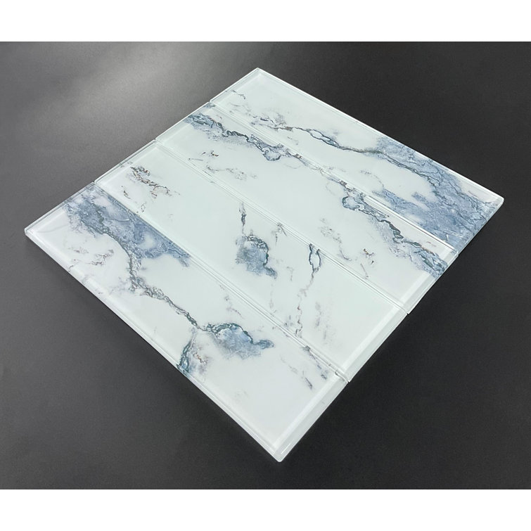 12" Blue and White Marble Glass Subway Wall Tile