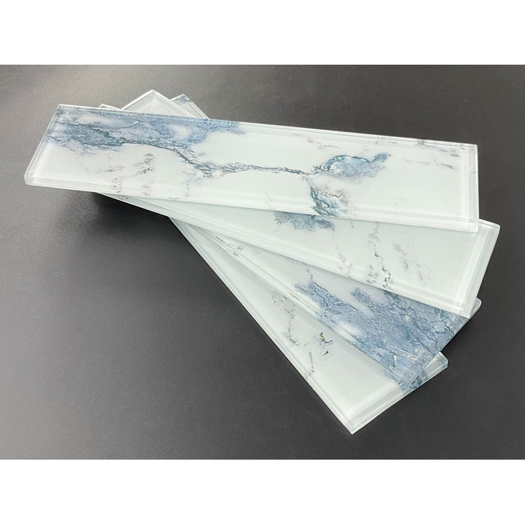 12" Blue and White Marble Glass Subway Wall Tile