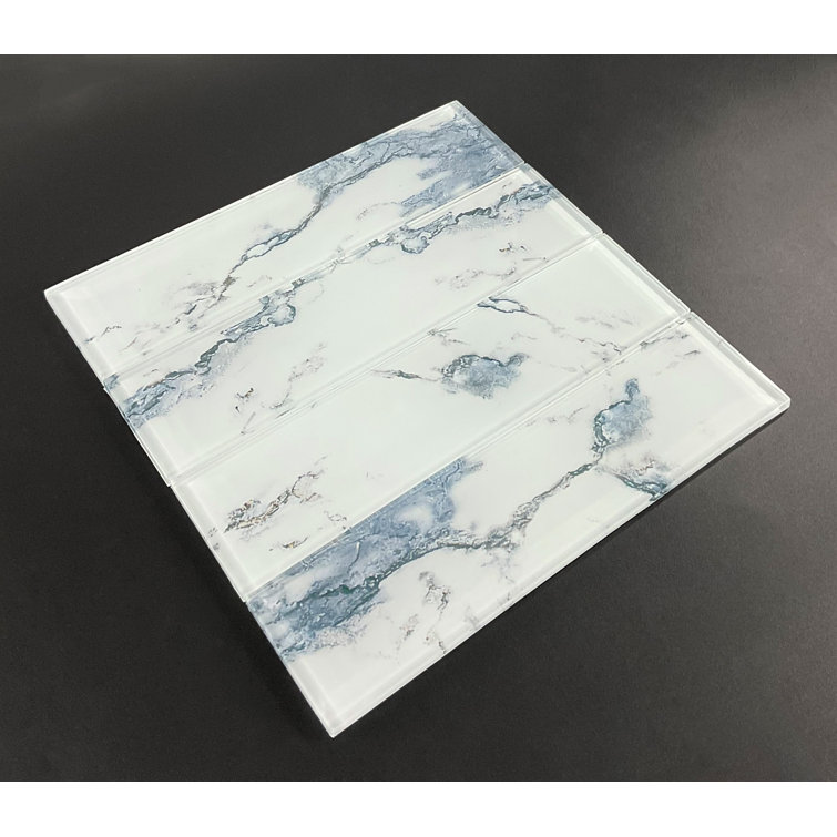 12" Blue and White Marble Glass Subway Wall Tile