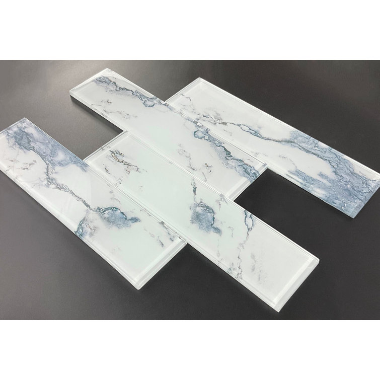 12" Blue and White Marble Glass Subway Wall Tile
