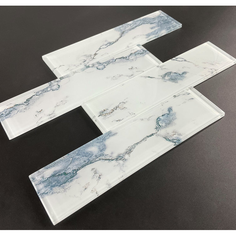 12" Blue and White Marble Glass Subway Wall Tile