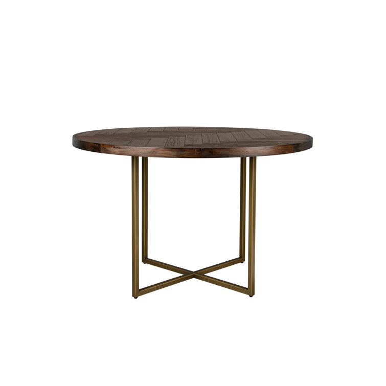 Round Dark Brown Acacia Wood Dining Table with Metal Base
