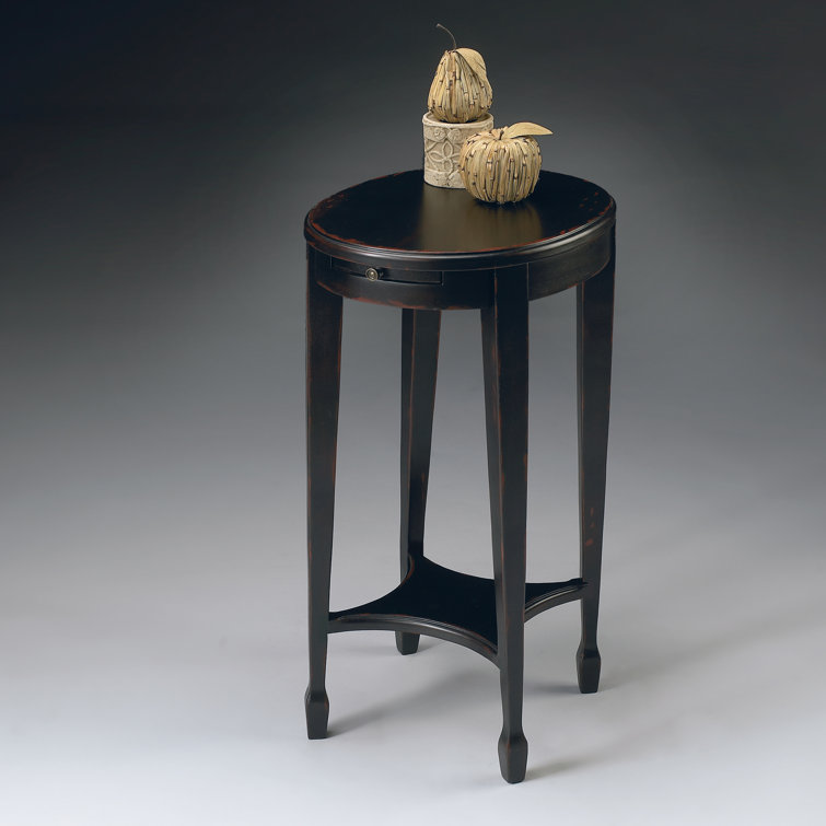 Elegant Plum Black Round Wood & Metal Accent Table with Shelf