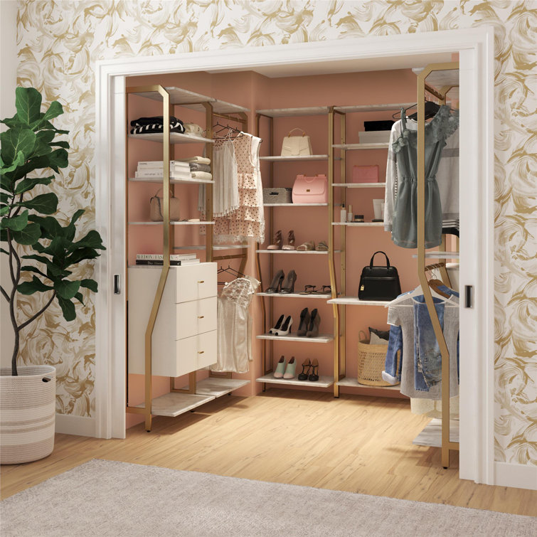 Gwyneth White Marble and Gold Closet Organizer with Hanging Rods