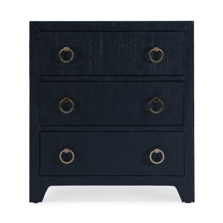 Navy Oak Raffia 3-Drawer Nightstand with Brass Pulls