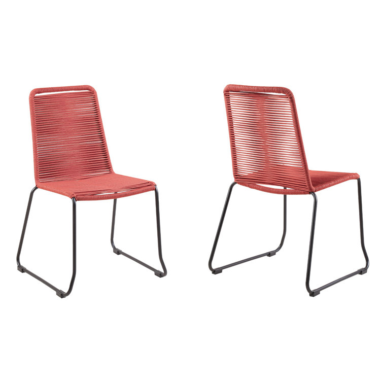 Brick Red Armless Wicker and Steel Outdoor Dining Chairs, Set of 2