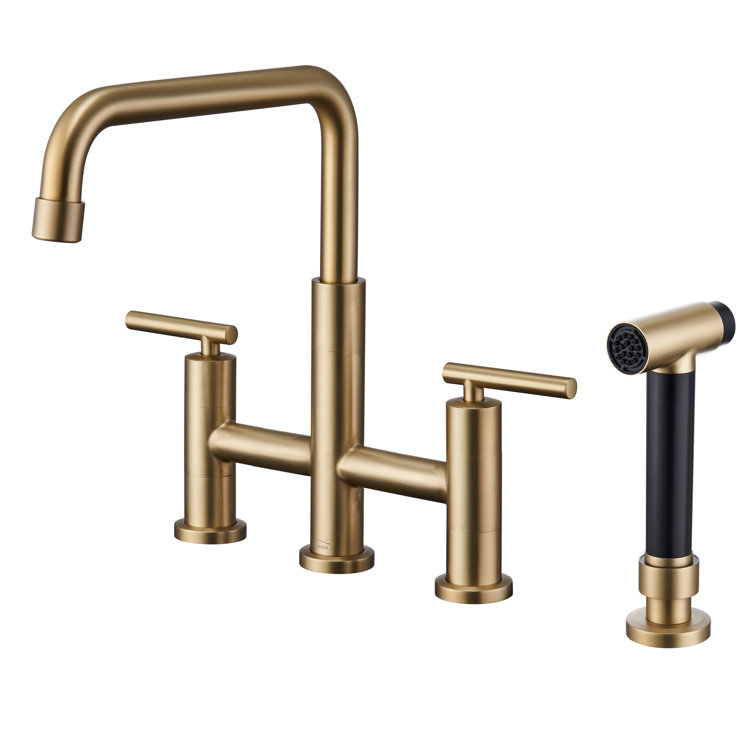 Brushed Gold Bridge Kitchen Faucet with Pull-out Spray