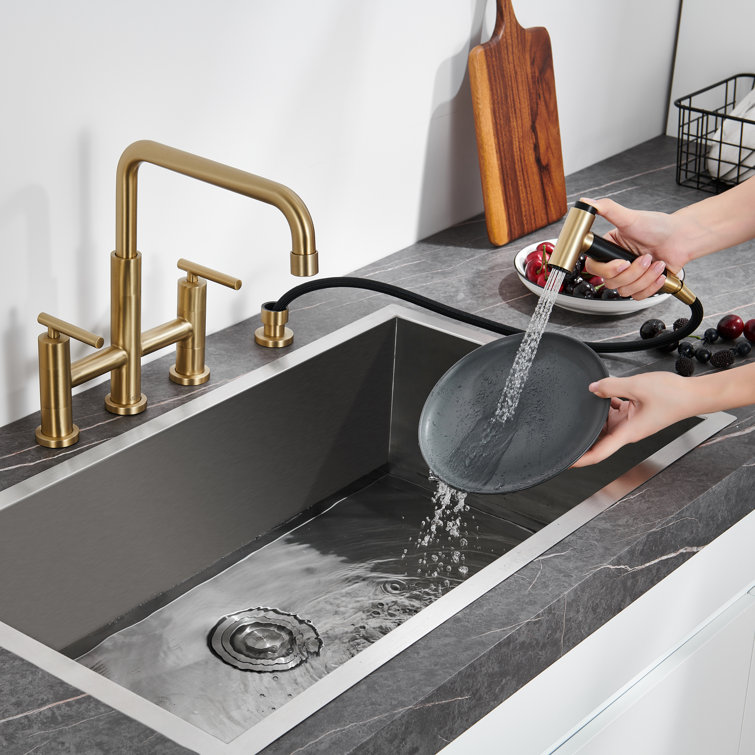 Brushed Gold Bridge Kitchen Faucet with Pull-out Spray