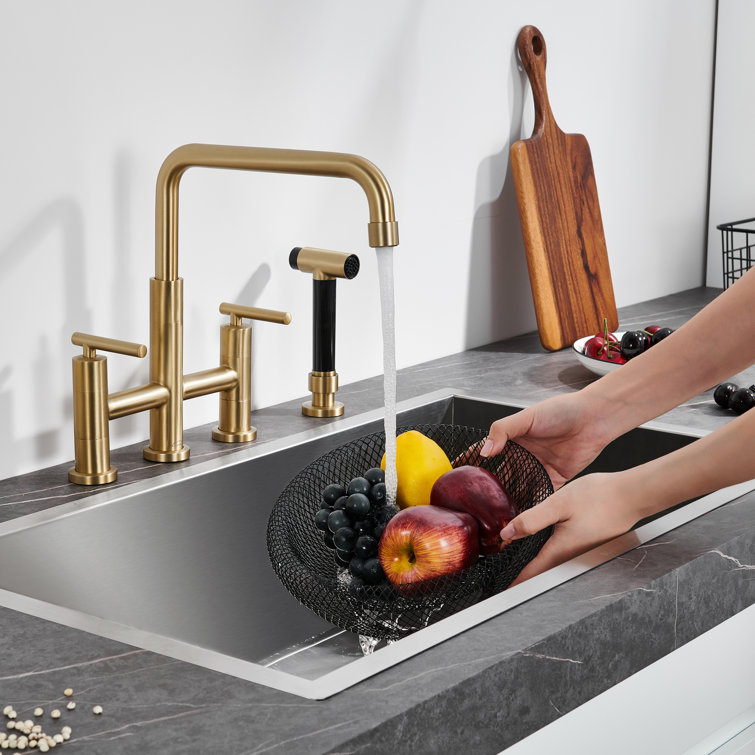 Brushed Gold Bridge Kitchen Faucet with Pull-out Spray