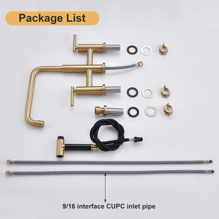 Brushed Gold Bridge Kitchen Faucet with Pull-out Spray