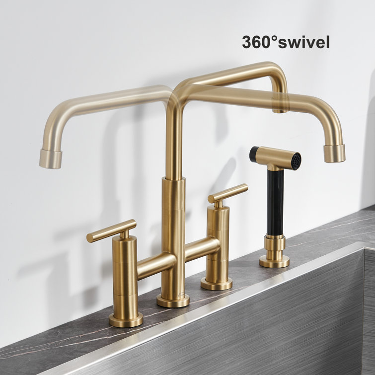 Brushed Gold Bridge Kitchen Faucet with Pull-out Spray