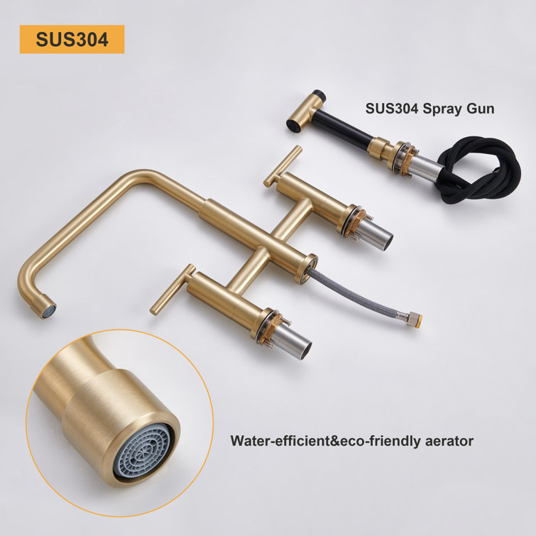 Brushed Gold Bridge Kitchen Faucet with Pull-out Spray
