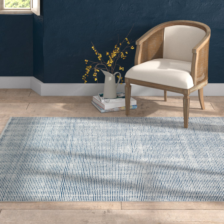 Ivory and Navy Hand-Knotted Wool 5' x 7' Rug