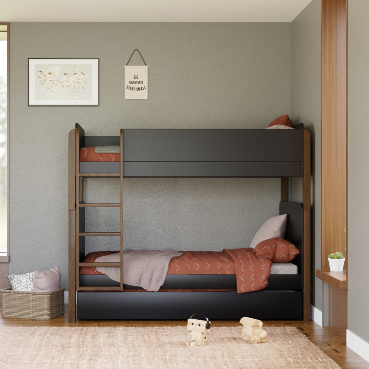 Black Twin Minimalist Wood Trundle Bed with Storage