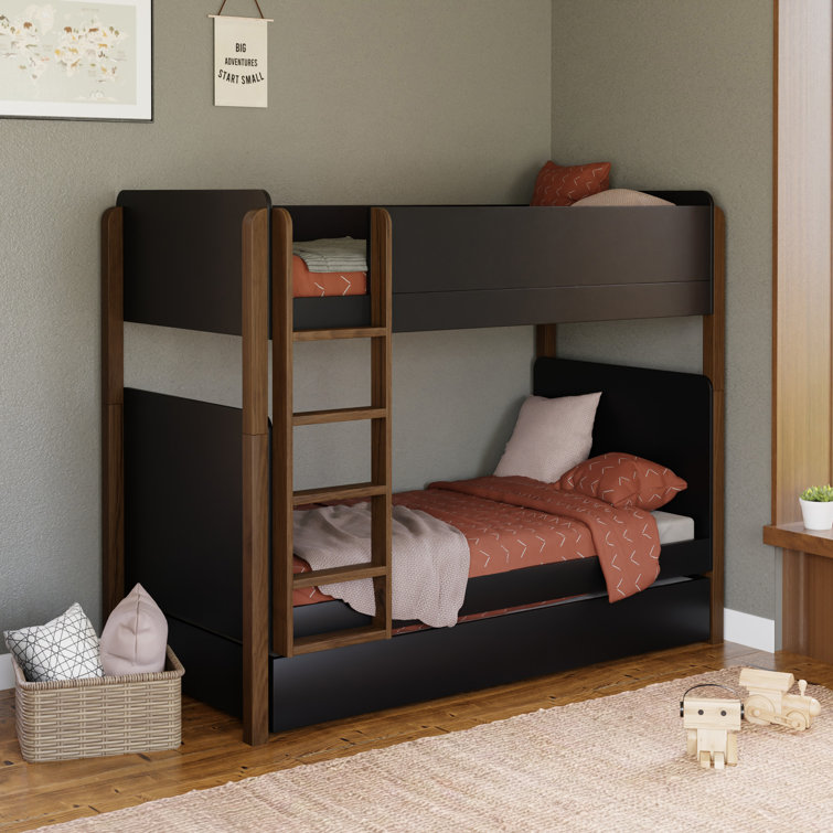 Black Twin Minimalist Wood Trundle Bed with Storage