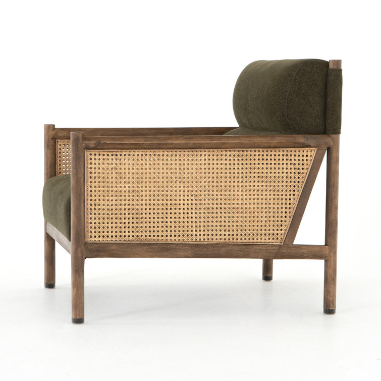 Chenille Olive Green Accent Chair with Rattan Inlay and Wooden Frame