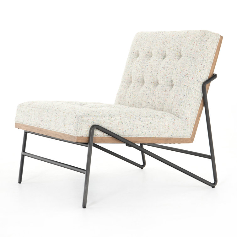27'' White Leather & Wood Slipper Accent Chair with Neutral Fleck