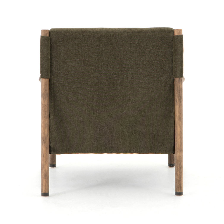 Chenille Olive Green Accent Chair with Rattan Inlay and Wooden Frame