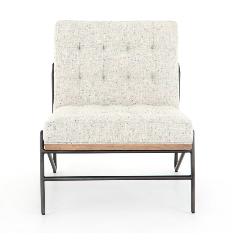 27'' White Leather & Wood Slipper Accent Chair with Neutral Fleck